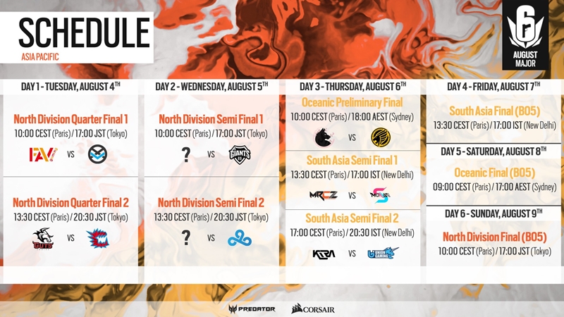 R6S Esports AugustMajorAPAC schedule 200728 10am CEST