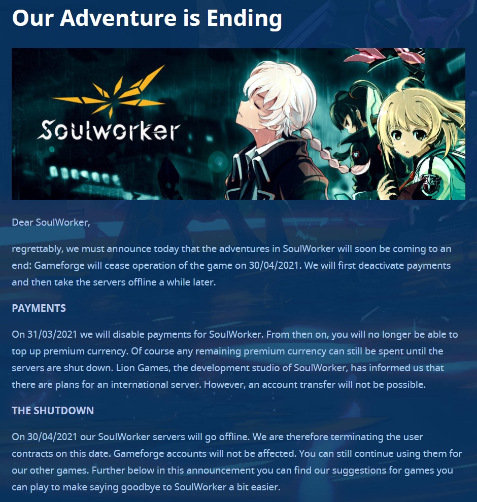 SoulWorker Gameforge closure notice