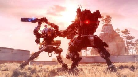 stock mech in titanfall 2 swinging melee weapon at another mech who is holding a large rifle